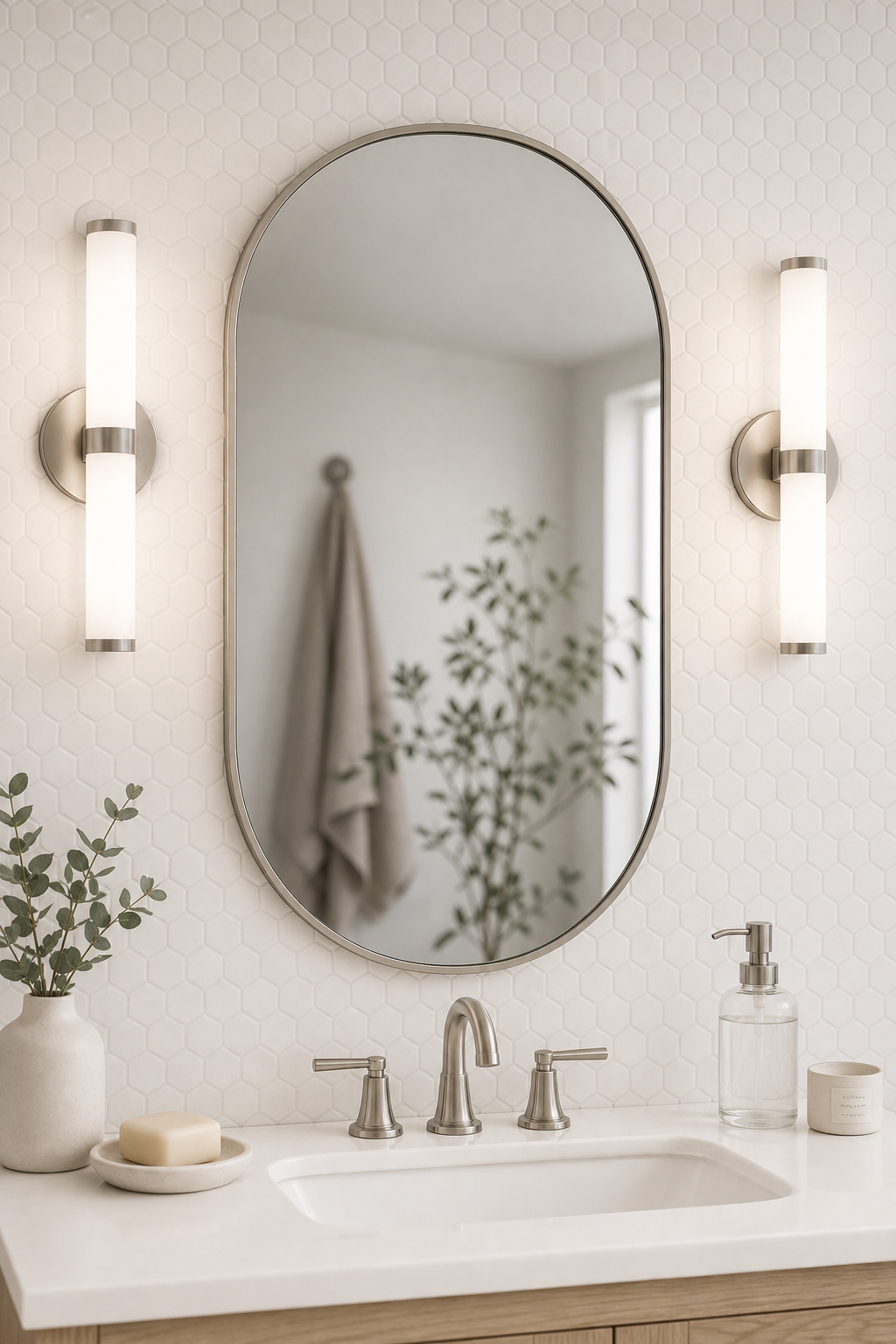Bathroom vanity mirror flanked by two crisp 4000K LED sconces at eye level, casting even shadow-free light across the mirror and vanity surface