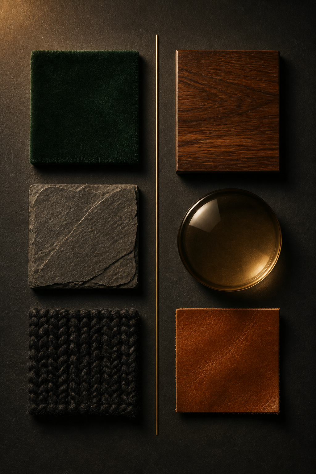 Material swatches showing absorbing surfaces — velvet, slate, wool — versus warm-reflective surfaces — polished walnut, smoky glass, burnished leather — under warm directional light