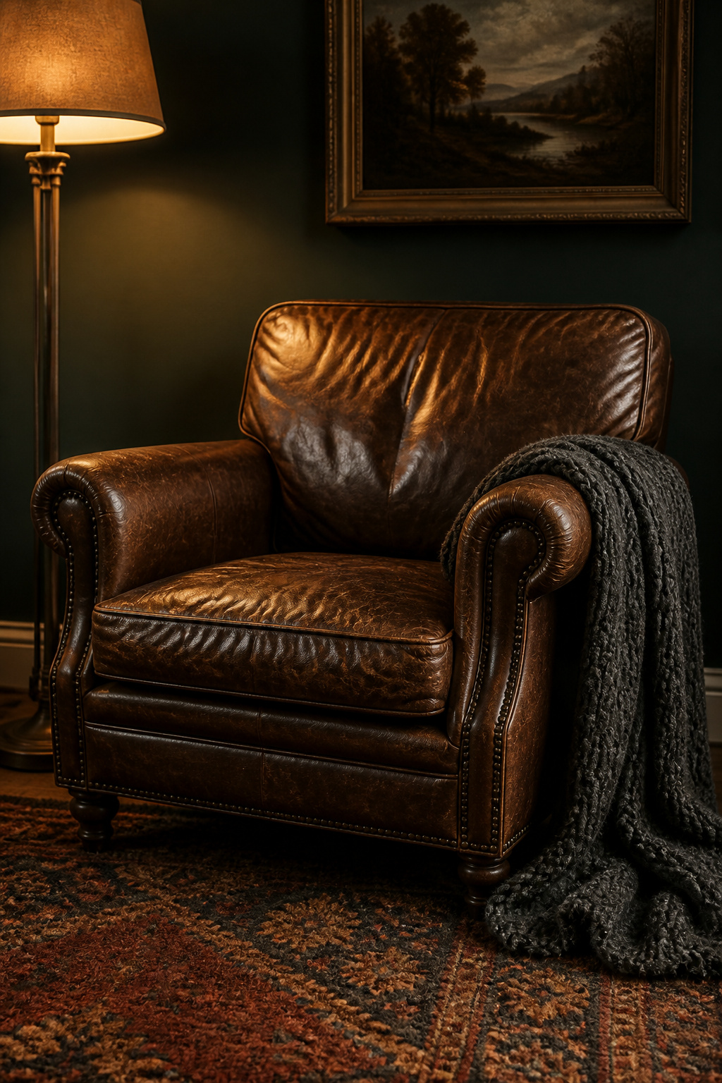 Aged tobacco leather armchair with chunky wool throw and thick pile rug in a dark forest-green moody living room — middle-ground texture layer