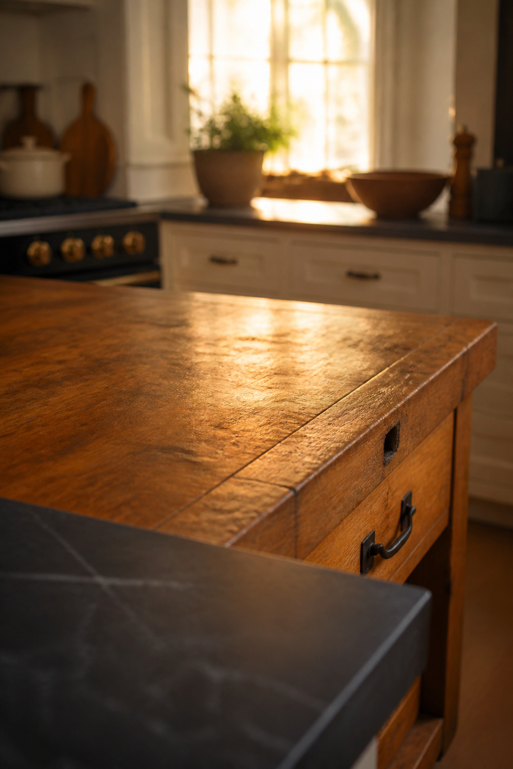 Aged maple butcher block island with rich amber patina in a Scandinavian kitchen alongside soapstone perimeter counters