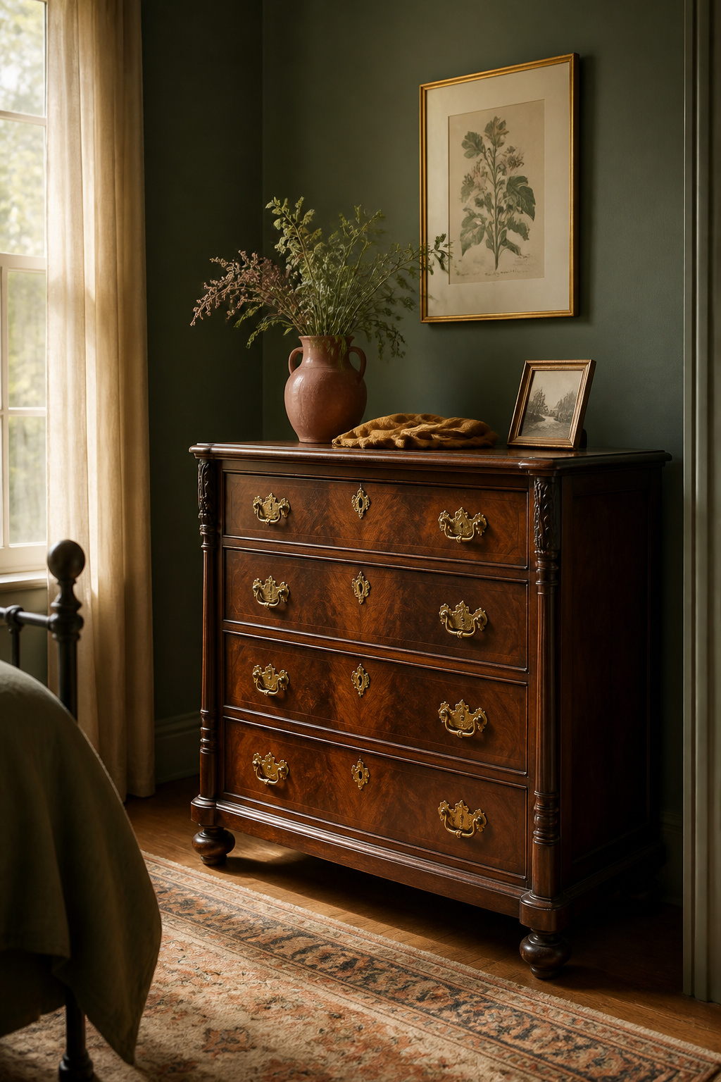 Dark walnut Victorian dresser with brass hardware against a deep sage green heritage paint wall, styled with dusty rose ceramic vase and ochre linen
