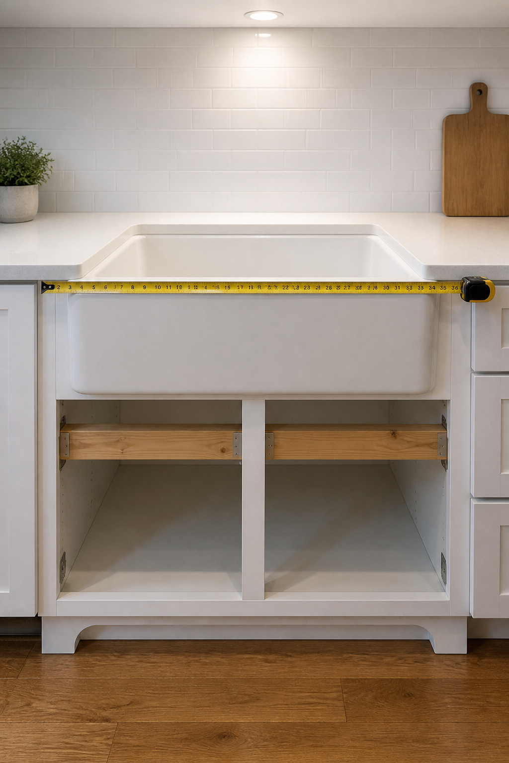 White fireclay apron sink fitted into a 36-inch base cabinet showing the 3-inch clearance on either side and exposed 2x4 ledger support
