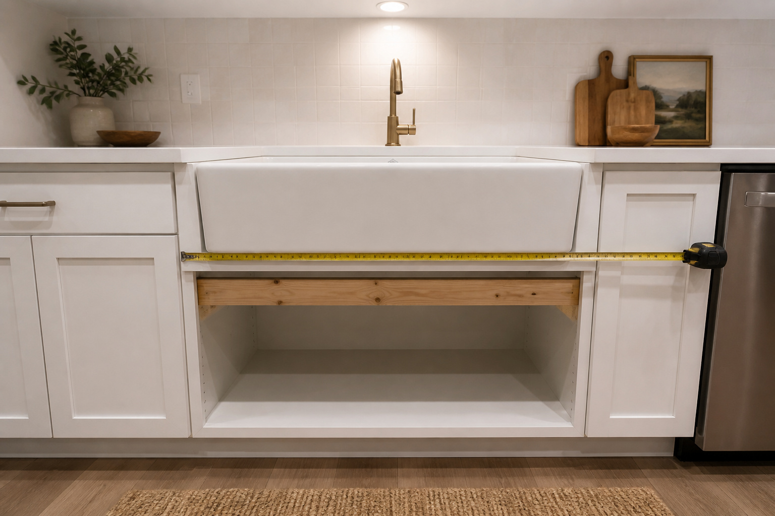 White fireclay apron sink fitted into a 36-inch base cabinet showing the 3-inch clearance on either side and exposed 2x4 ledger support