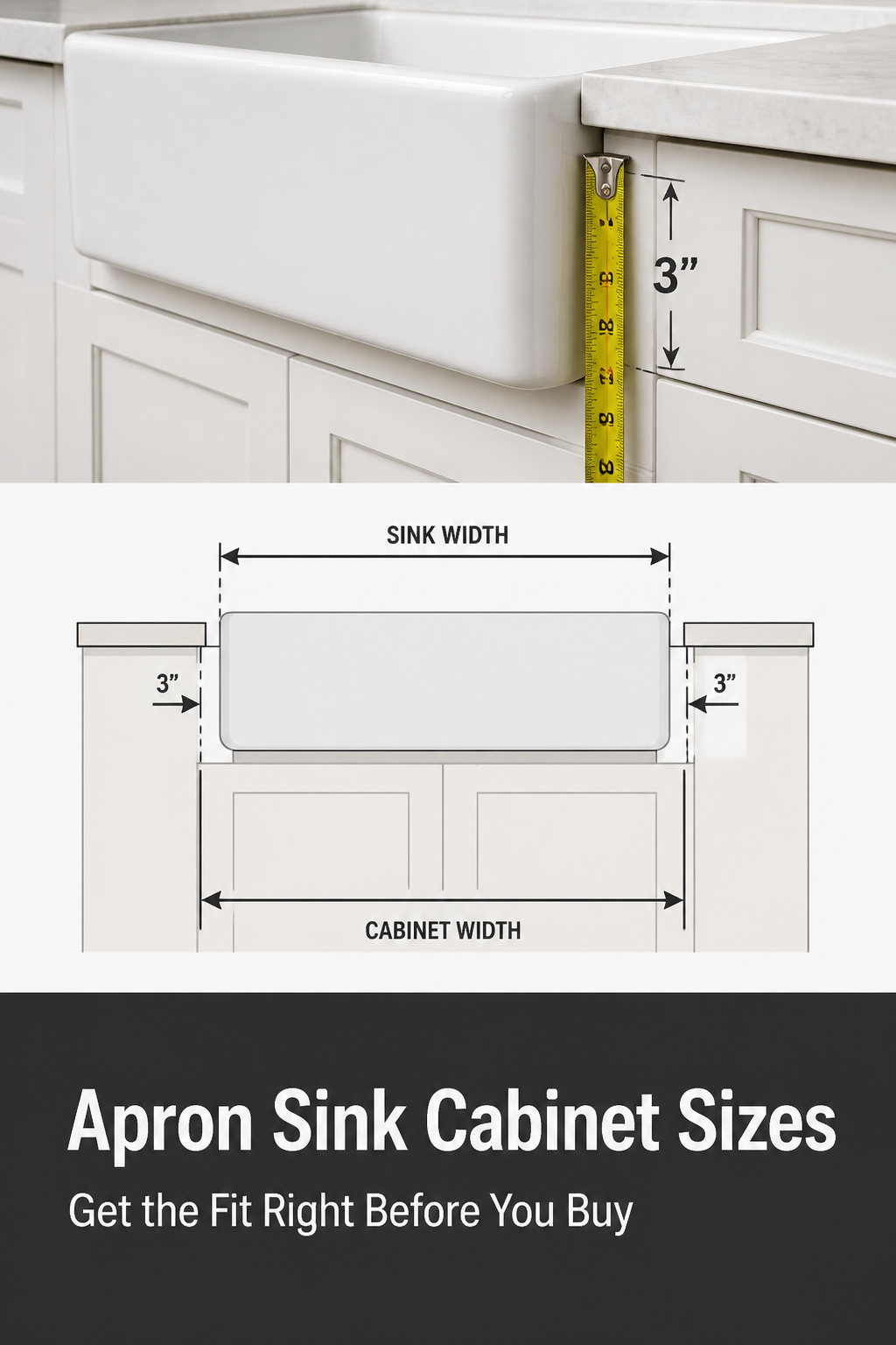 Pinterest collage showing apron sink cabinet sizing guide with clearance measurements and dimension diagram