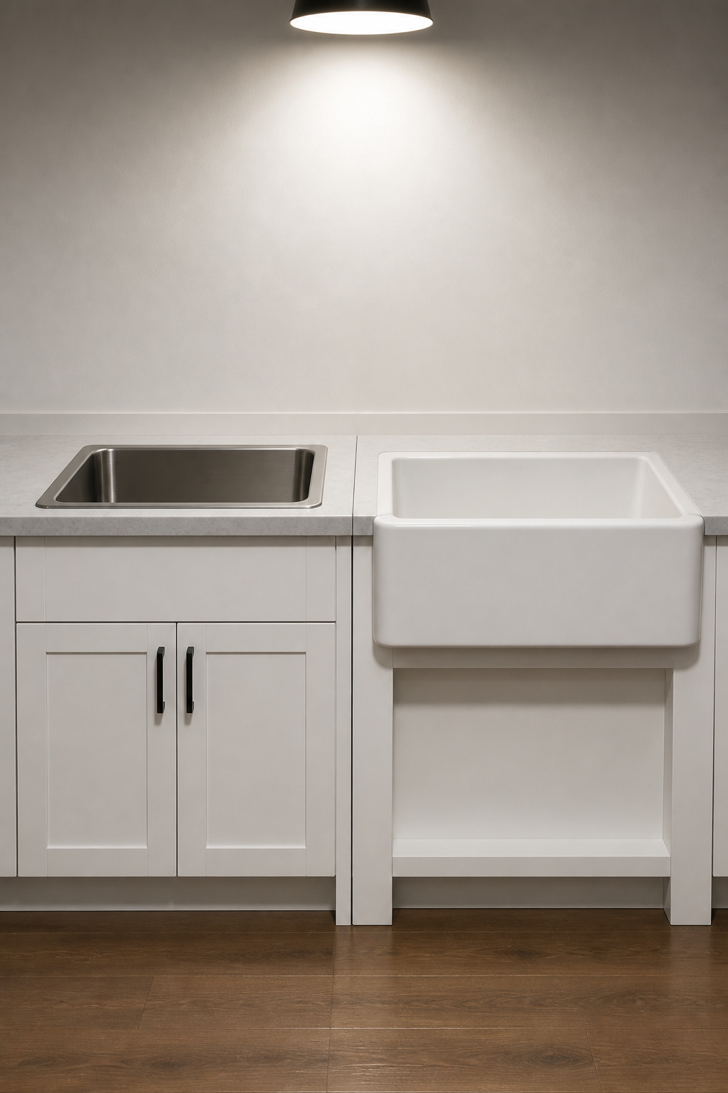 Side-by-side comparison of a drop-in sink with intact cabinet face versus an apron-front farmhouse sink with the front panel cut away