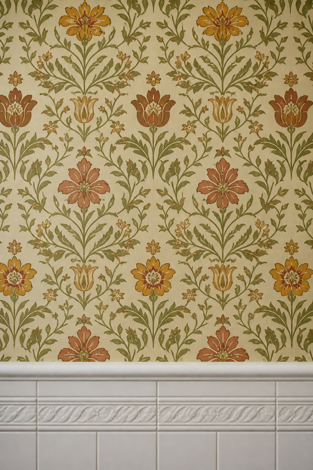 Arts and Crafts botanical wallpaper in olive green terracotta and ochre above white tile wainscot in a period bathroom