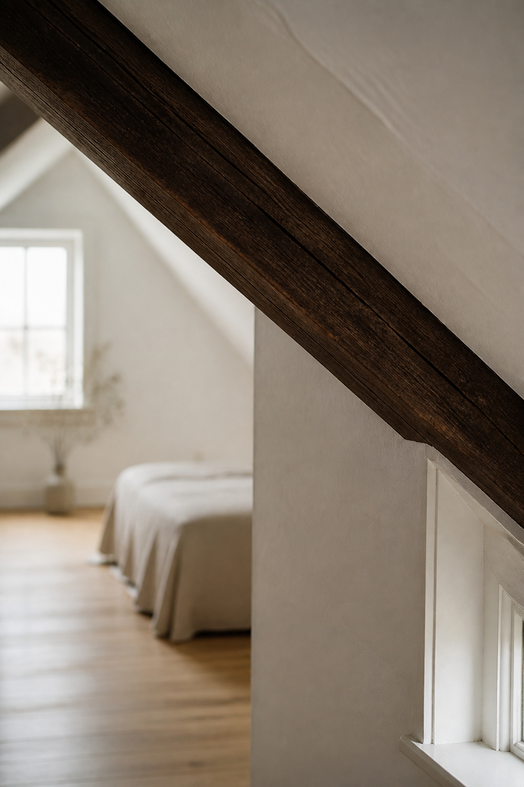 Sloped attic bedroom wall and ceiling painted the same warm off-white with a single dark-stained timber beam crossing diagonally