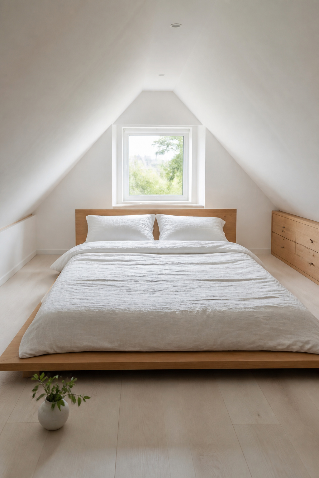 Low oak platform bed centred under attic ridge with white sloped ceiling descending to built-in eave drawers on each side