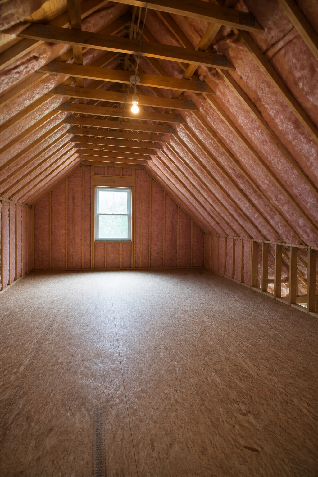 Unfinished attic with bare rafters, partial insulation, and a bare bulb — the starting point for a budget bedroom conversion