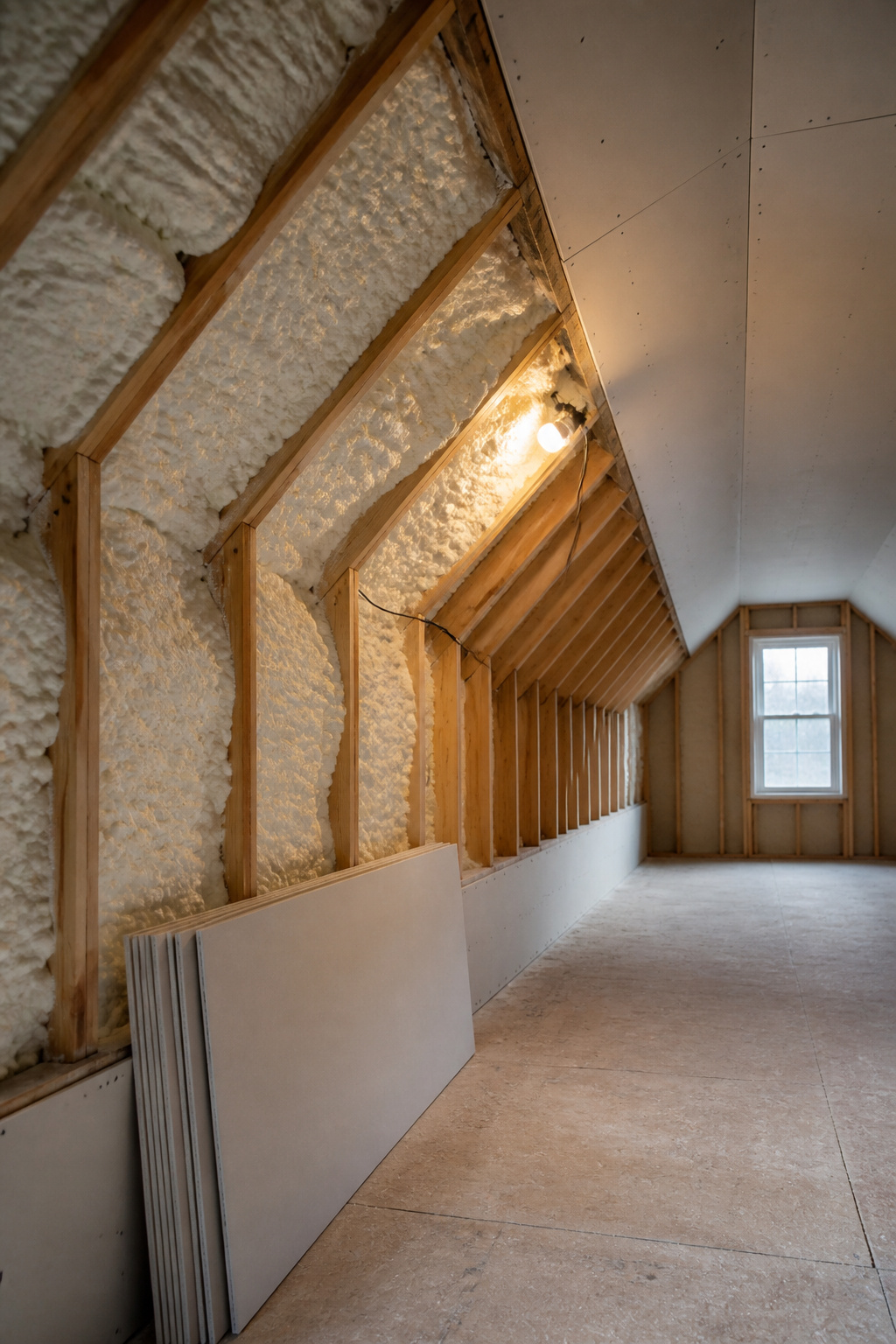 Attic bedroom conversion in progress with spray foam insulation between rafters on one side and fresh drywall on the other
