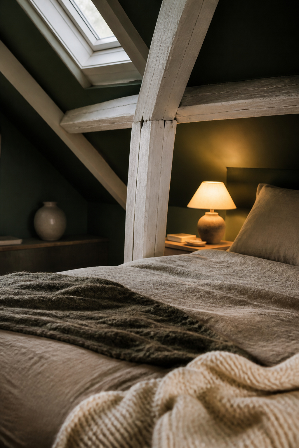 Attic bedroom with dark forest-green painted walls and ceiling, white exposed timber beams, and layered linen and wool bedding