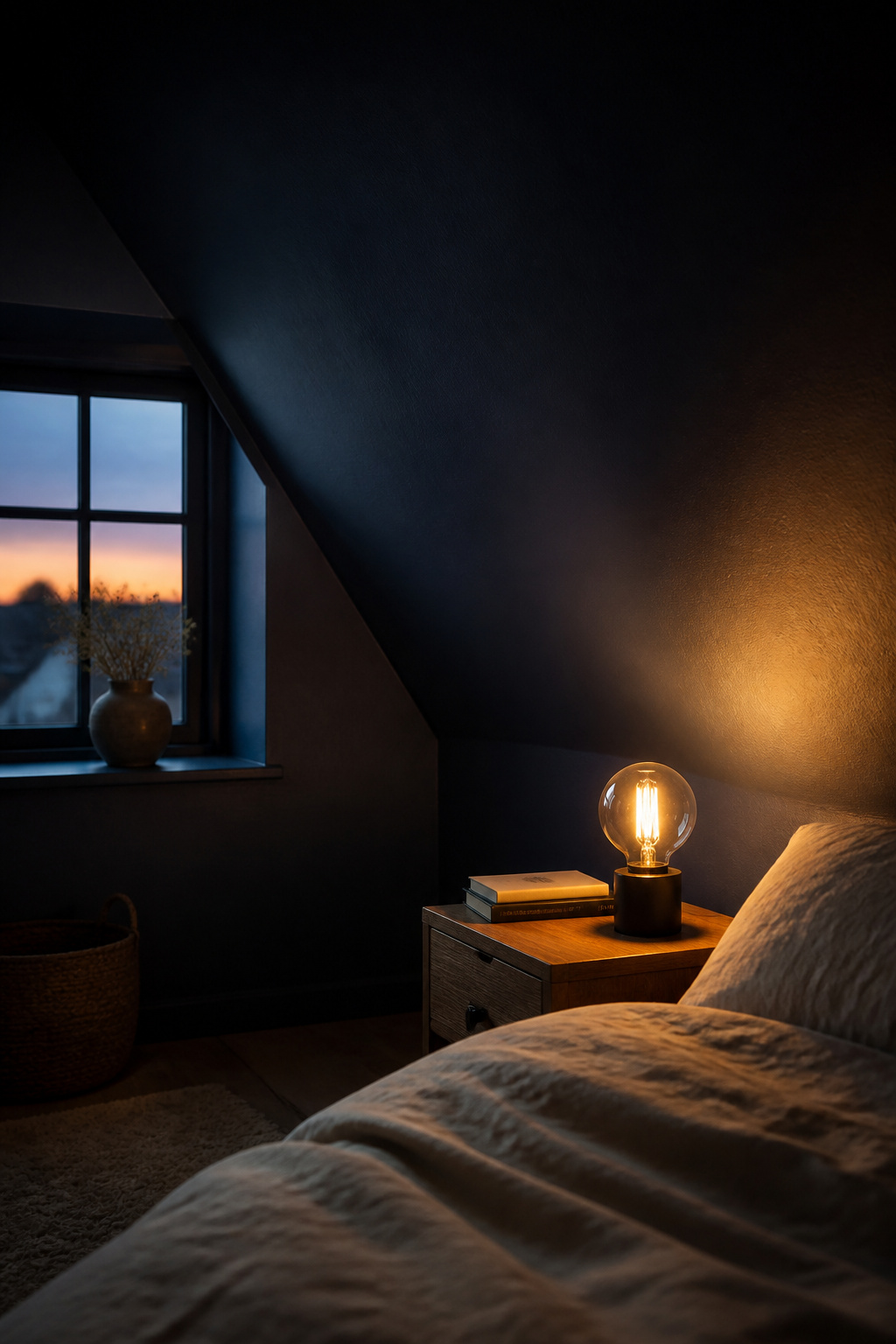 Attic bedroom painted in deep matte navy on walls and sloped ceiling, creating a cosy cocoon effect with warm filament lamp light and ivory linen bedding
