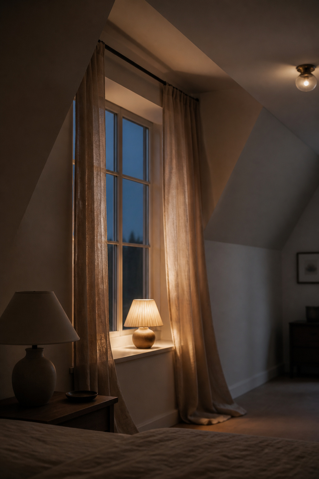 Deep dormer window recess in attic bedroom with linen curtains and warm wall sconce lighting in the evening