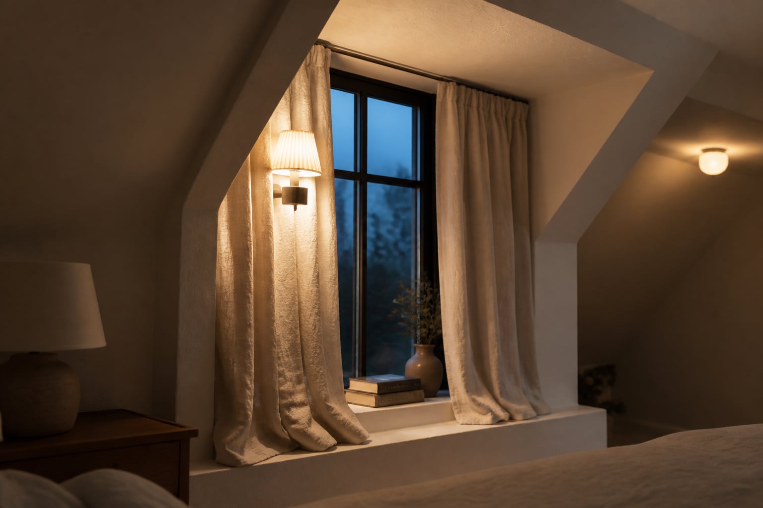Deep dormer window recess in attic bedroom with linen curtains and warm wall sconce lighting in the evening