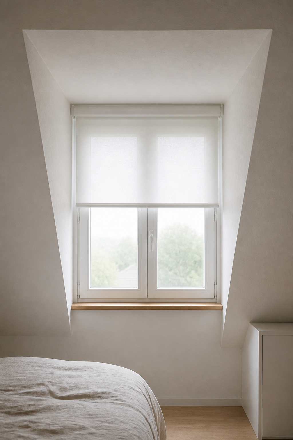 Interior view of a white dormer window recess in an attic bedroom with a simple white roller blind half-drawn, diffusing morning light across white plaster walls