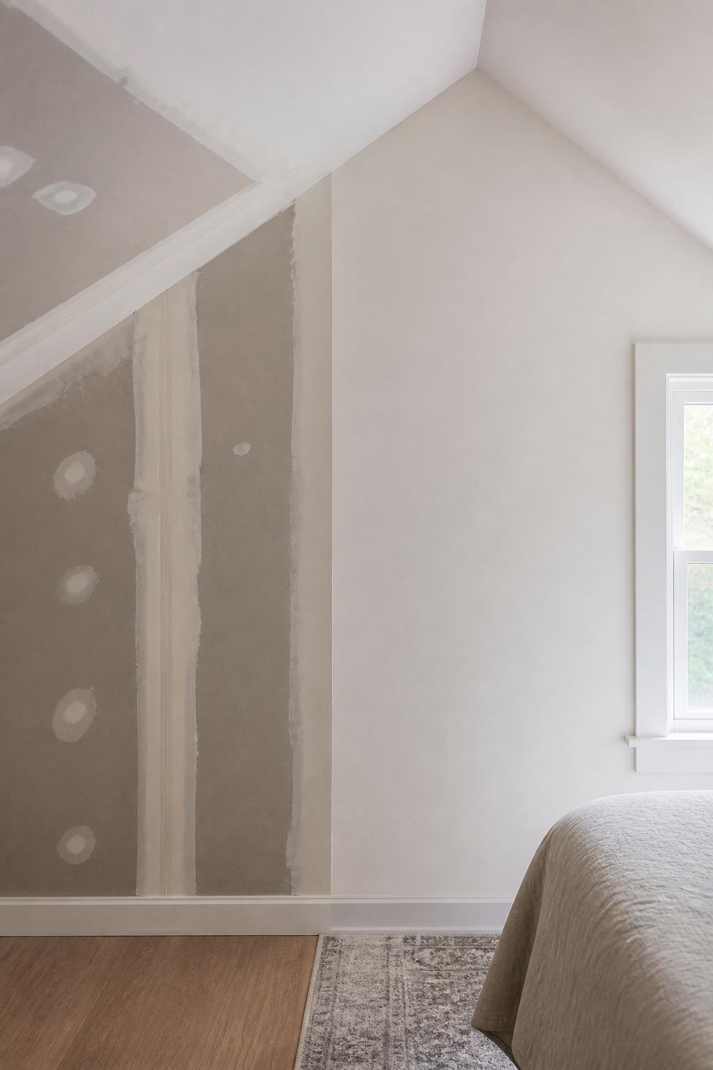 Side-by-side comparison of a skipped primer step leaving visible tape joints versus a properly primed and painted attic drywall surface