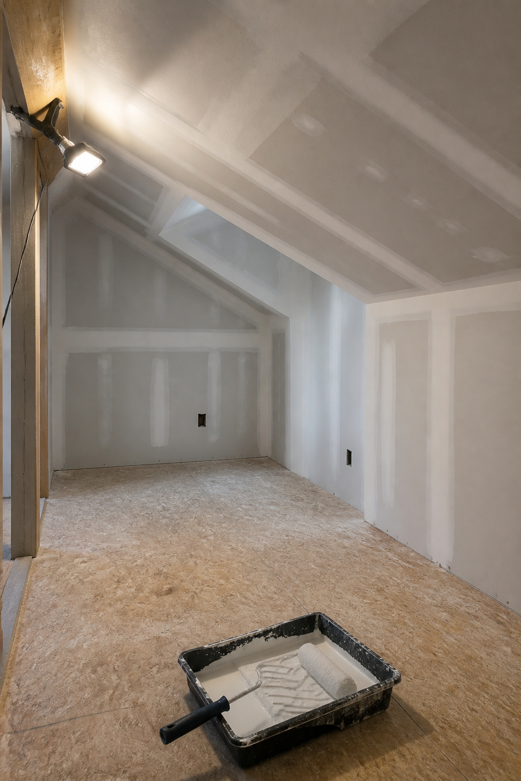 Freshly drywalled attic sloped ceiling with taped seams, ready for PVA priming before painting