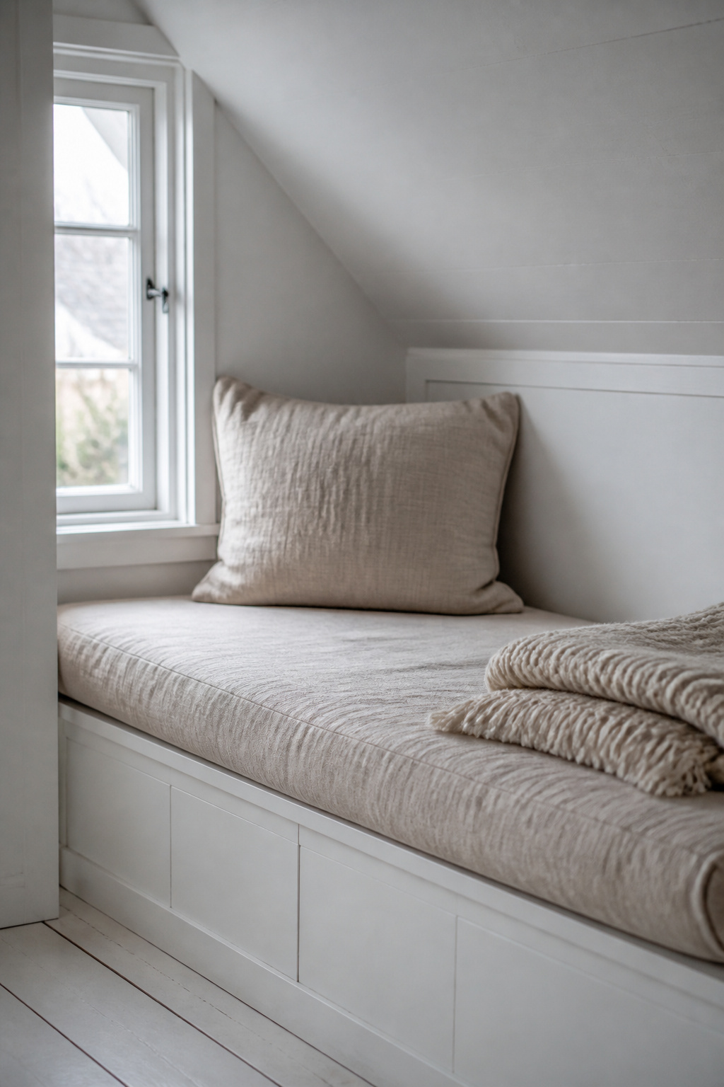 Built-in window seat with linen cushion tucked into a low attic eave alcove under white sloped ceiling