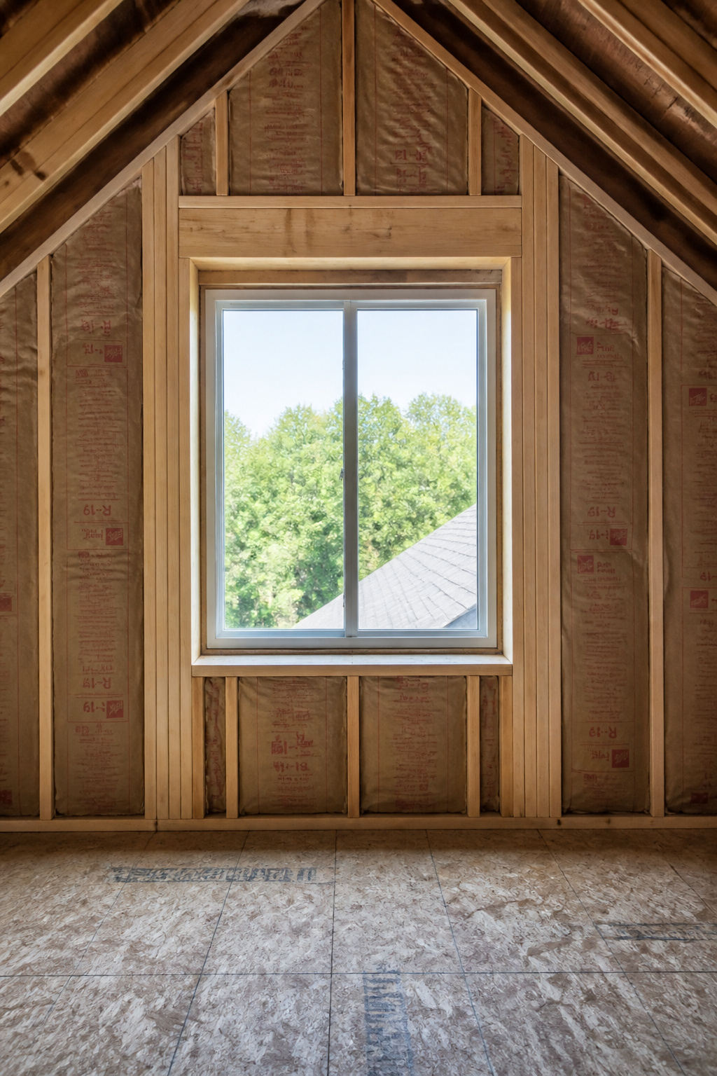New egress window framed and installed in an attic gable end wall during a bedroom conversion project