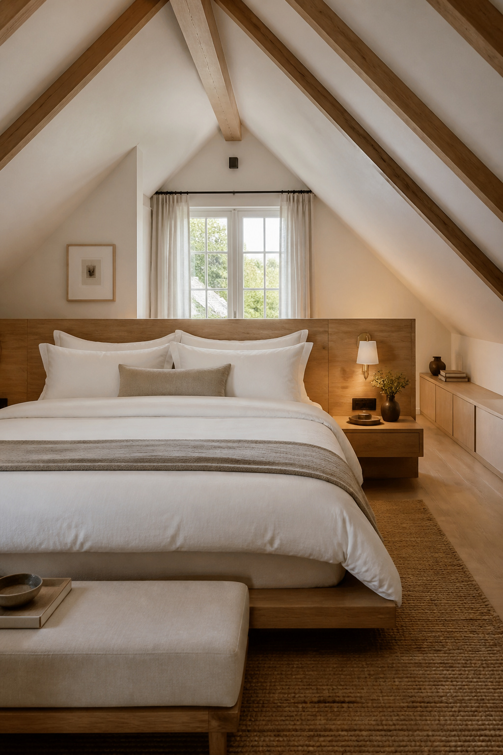 Converted attic bedroom with sloped timber ceiling, low oak platform bed centred under the ridge, white plaster walls and pale wood floor