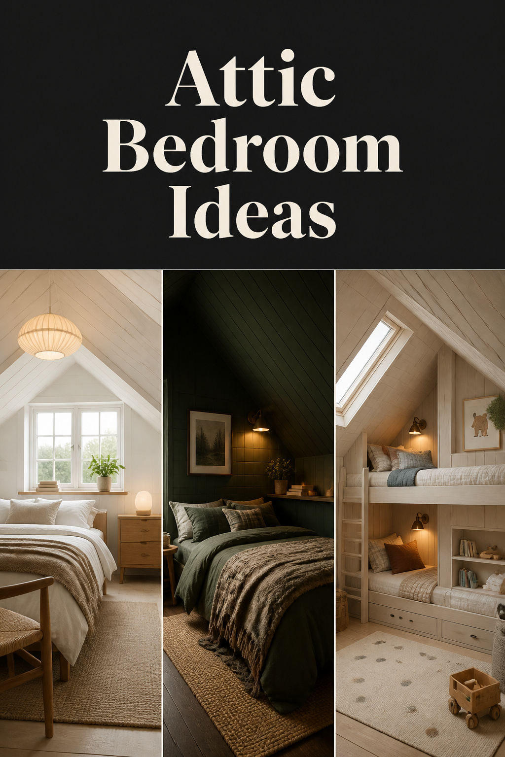Pinterest collage of three attic bedroom styles — bright Nordic white, cosy dark-green retreat, and kids built-in bunk room under the eaves