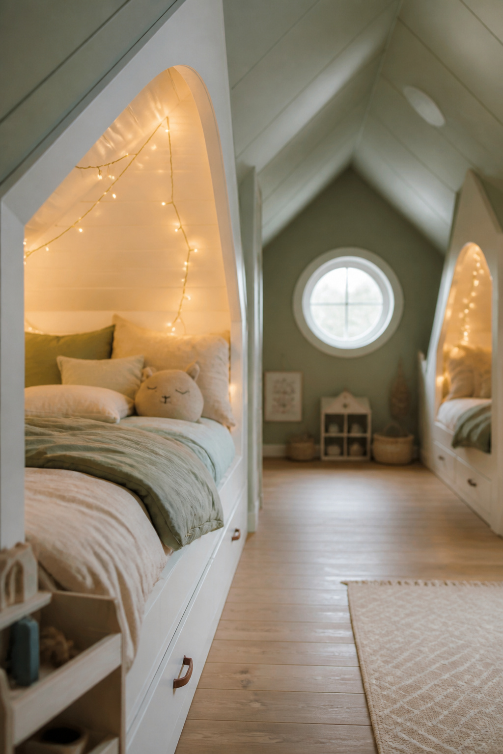 Two white timber alcove beds built into opposite eave zones of an attic children's room with fairy lights and sage green sloped ceiling