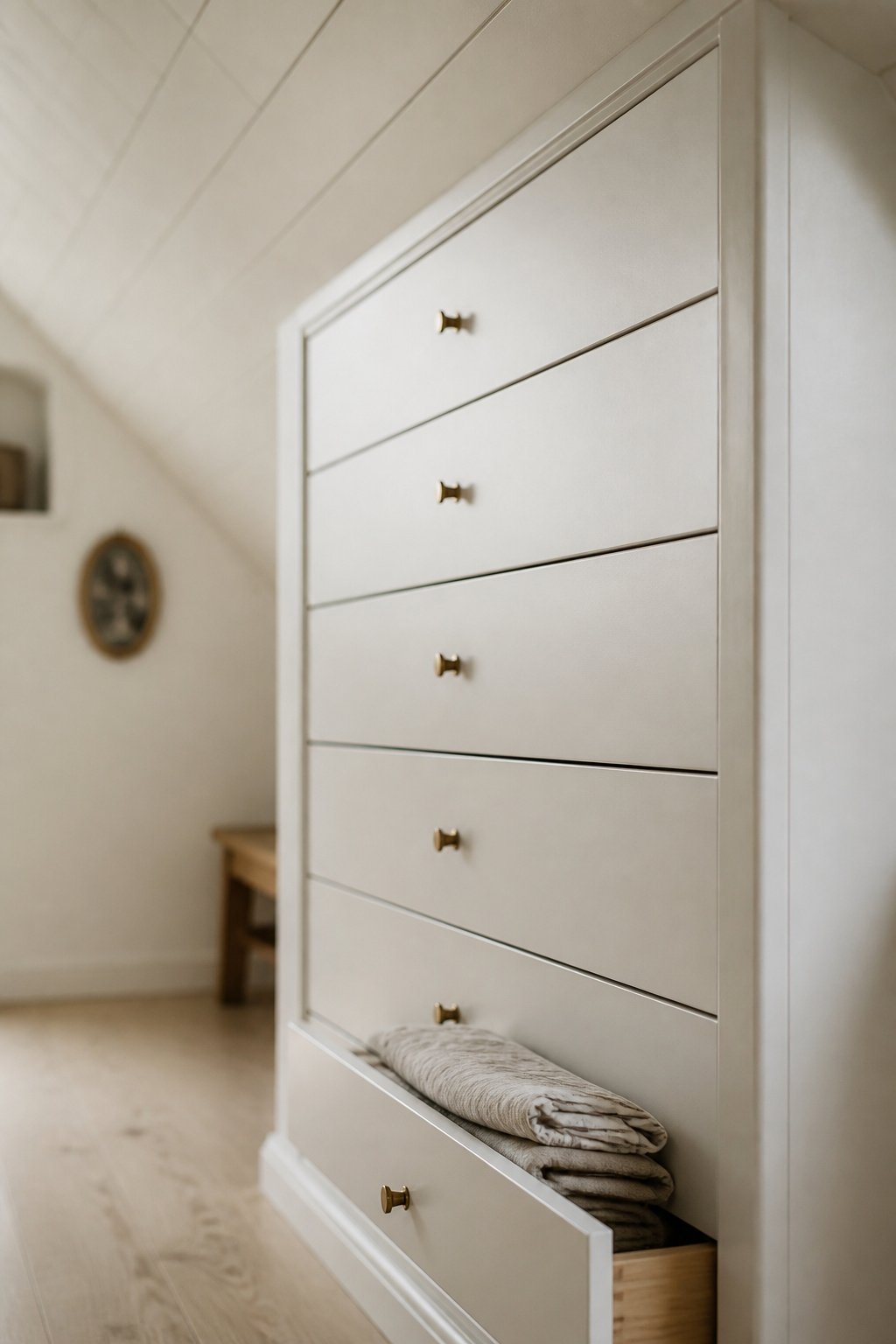 Six flush-front built-in drawers set flush into a white knee wall beneath a sloped attic ceiling