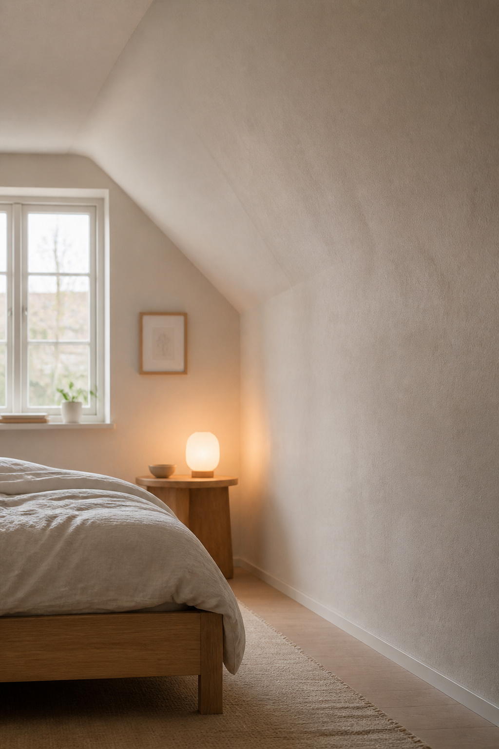 Light and airy attic bedroom with sloped ceiling and walls painted a seamless pale warm greige, bathed in soft morning light from a dormer window
