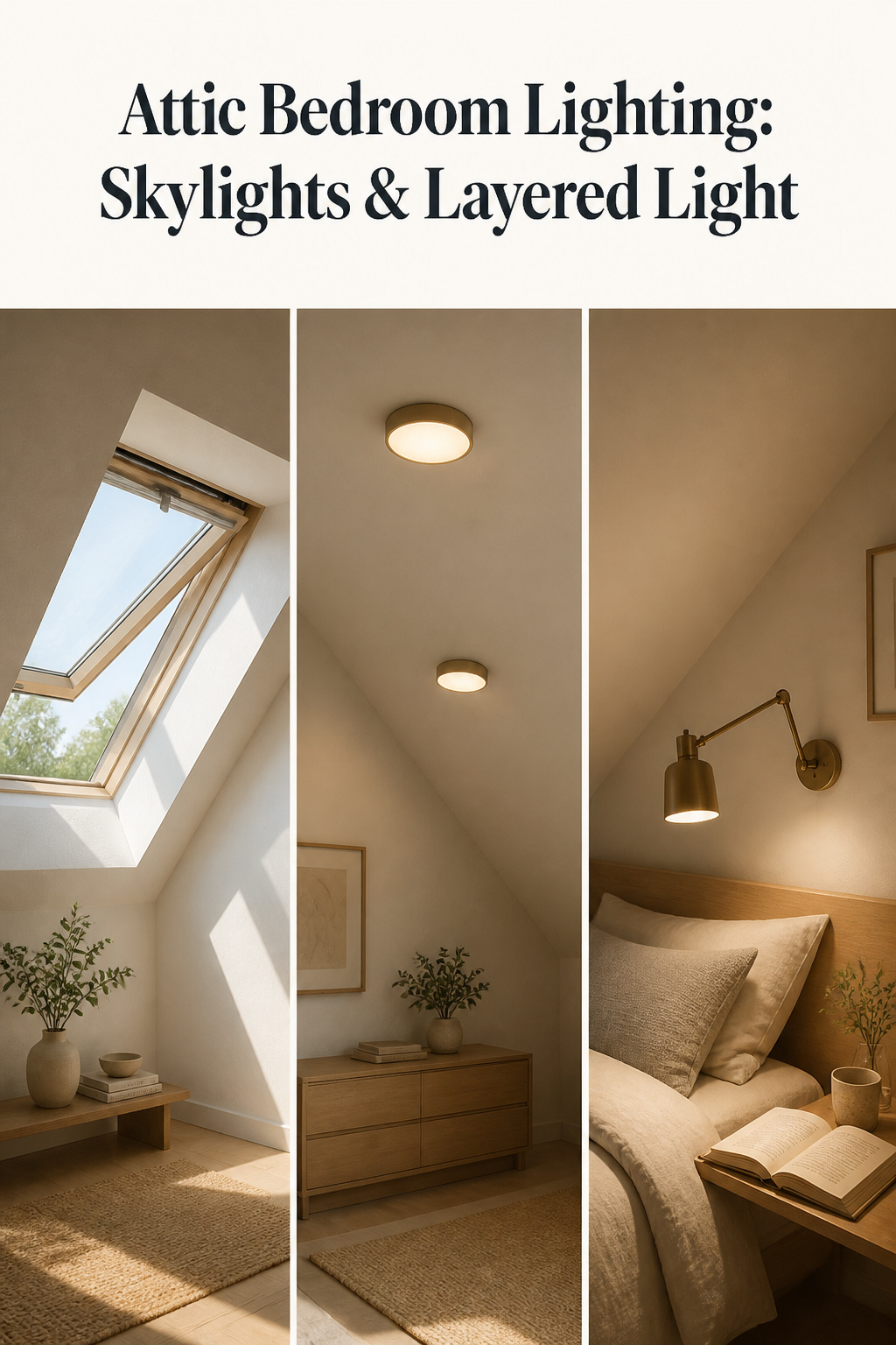 Three-panel Pinterest image showing attic bedroom lighting solutions: skylight natural light, flush LED ambient fixtures on sloped ceiling, and wall sconce reading light