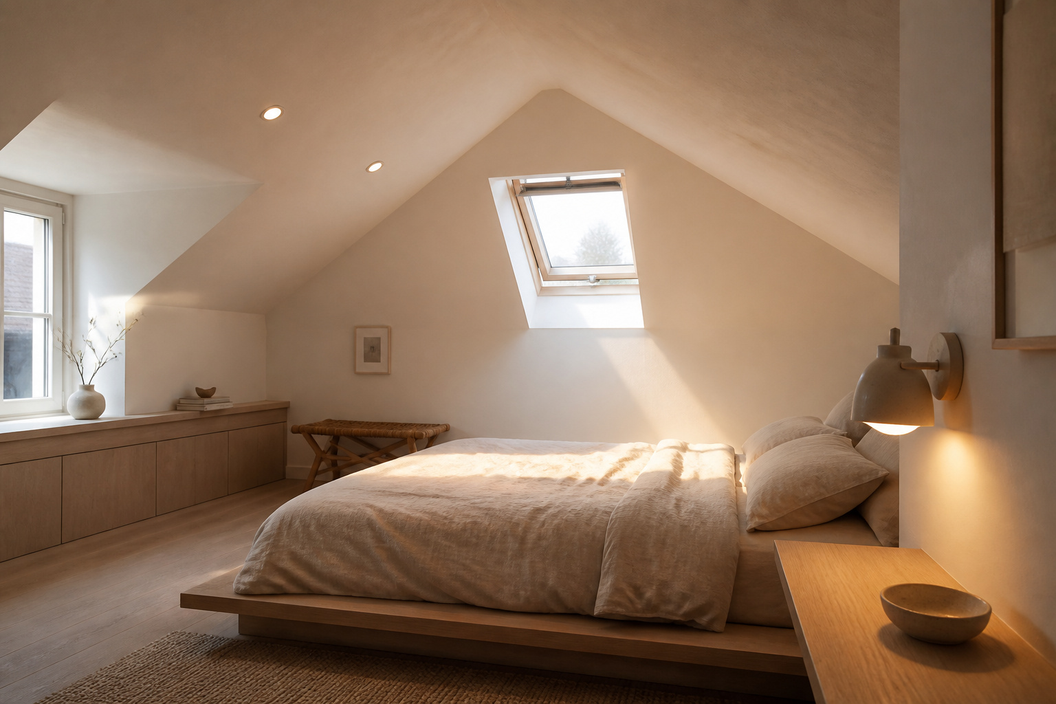 White-plastered attic bedroom with operable skylight casting warm afternoon light onto a low platform bed under the slope, with a flush LED fixture and dormer window providing layered ambient light