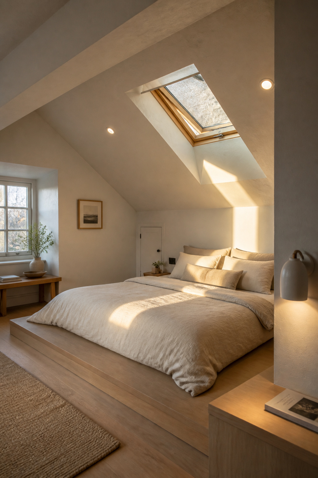 White-plastered attic bedroom with operable skylight casting warm afternoon light onto a low platform bed under the slope, with a flush LED fixture and dormer window providing layered ambient light