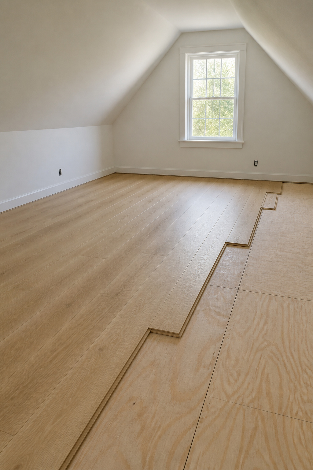 Light oak LVP flooring being installed over plywood subfloor in an attic bedroom with freshly painted sloped white ceiling