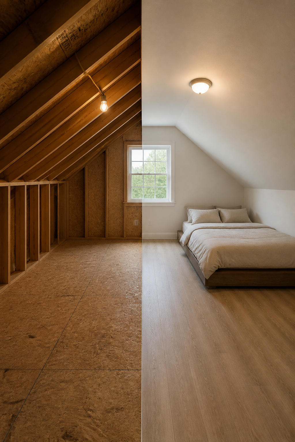 Unfinished attic with bare rafters on the left and the same space finished as a tidy budget bedroom on the right