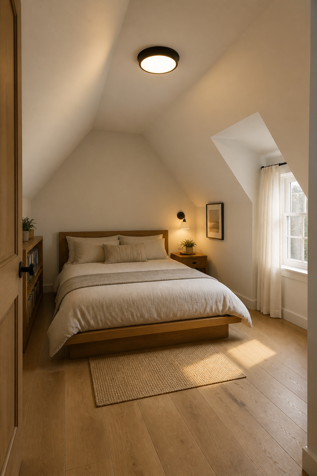 Completed budget attic bedroom with platform bed under sloped ceiling, LVP flooring, and warm flush-mount lighting