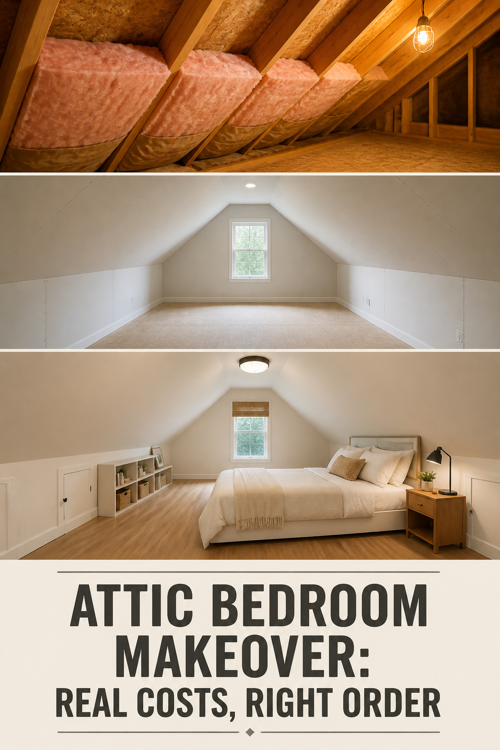 Three-panel collage showing attic bedroom makeover stages from insulation to drywall to finished budget bedroom