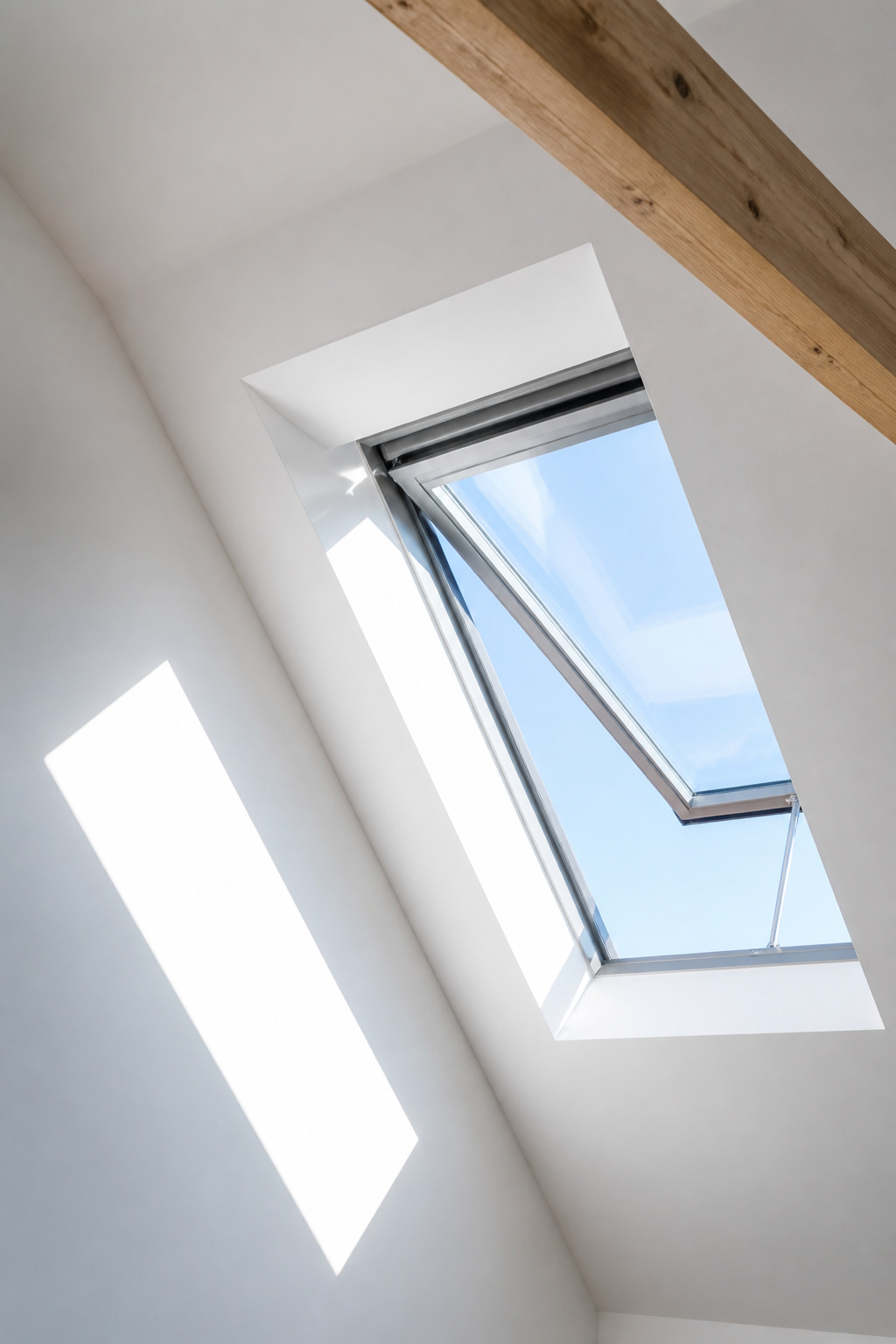 Looking up at an open operable skylight in a white plastered attic bedroom ceiling, morning light flooding in as a rectangular beam across the slope
