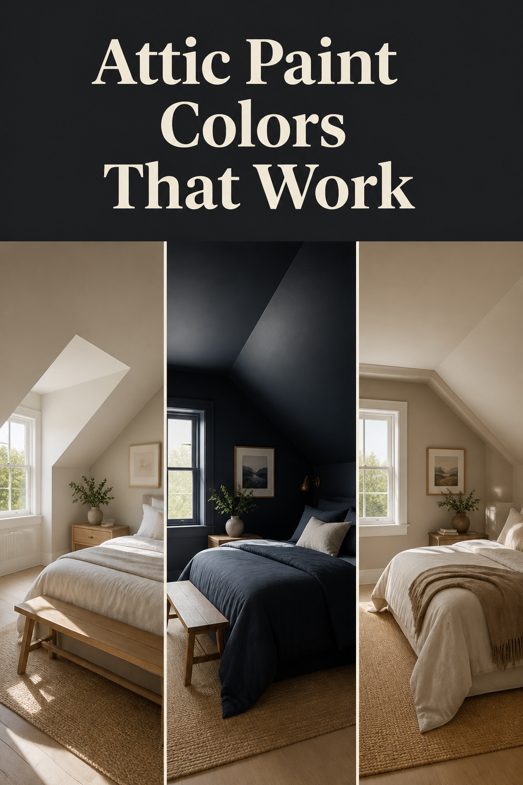 Pinterest collage showing three attic bedroom paint strategies: light-airy pale greige, deep navy cocoon, and warm neutral wrap-around