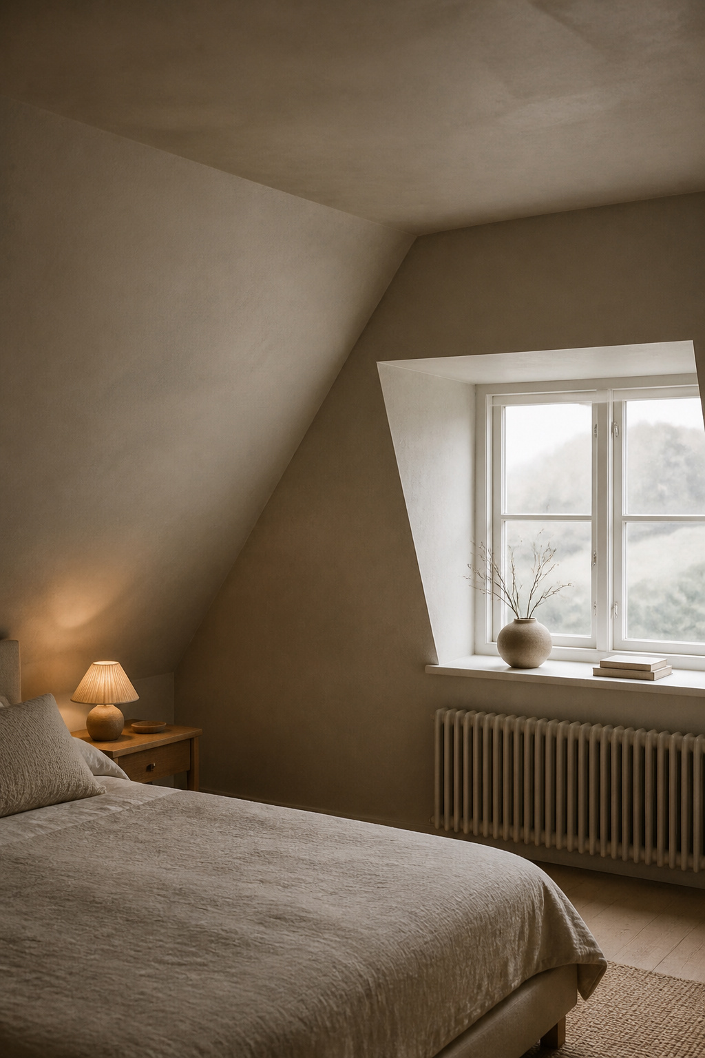 Attic bedroom with sloped walls and ceiling painted the same warm greige colour, creating a seamless envelope with a dormer window and low-profile linen bed