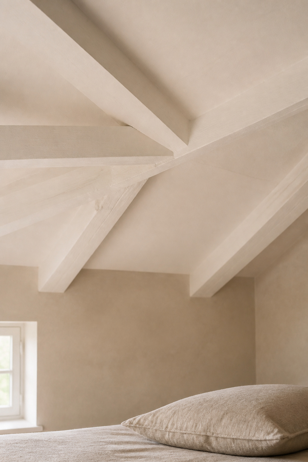 Attic bedroom with exposed structural beams painted the same white as the ceiling, creating a seamless pale ceiling envelope against warm greige walls