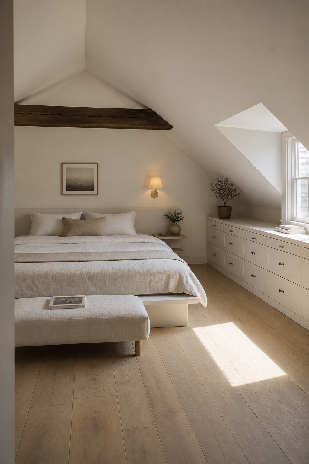 Fully resolved attic bedroom with low bed under the ridge, built-in eave drawers, dormer window light and white sloped ceiling with dark timber beam
