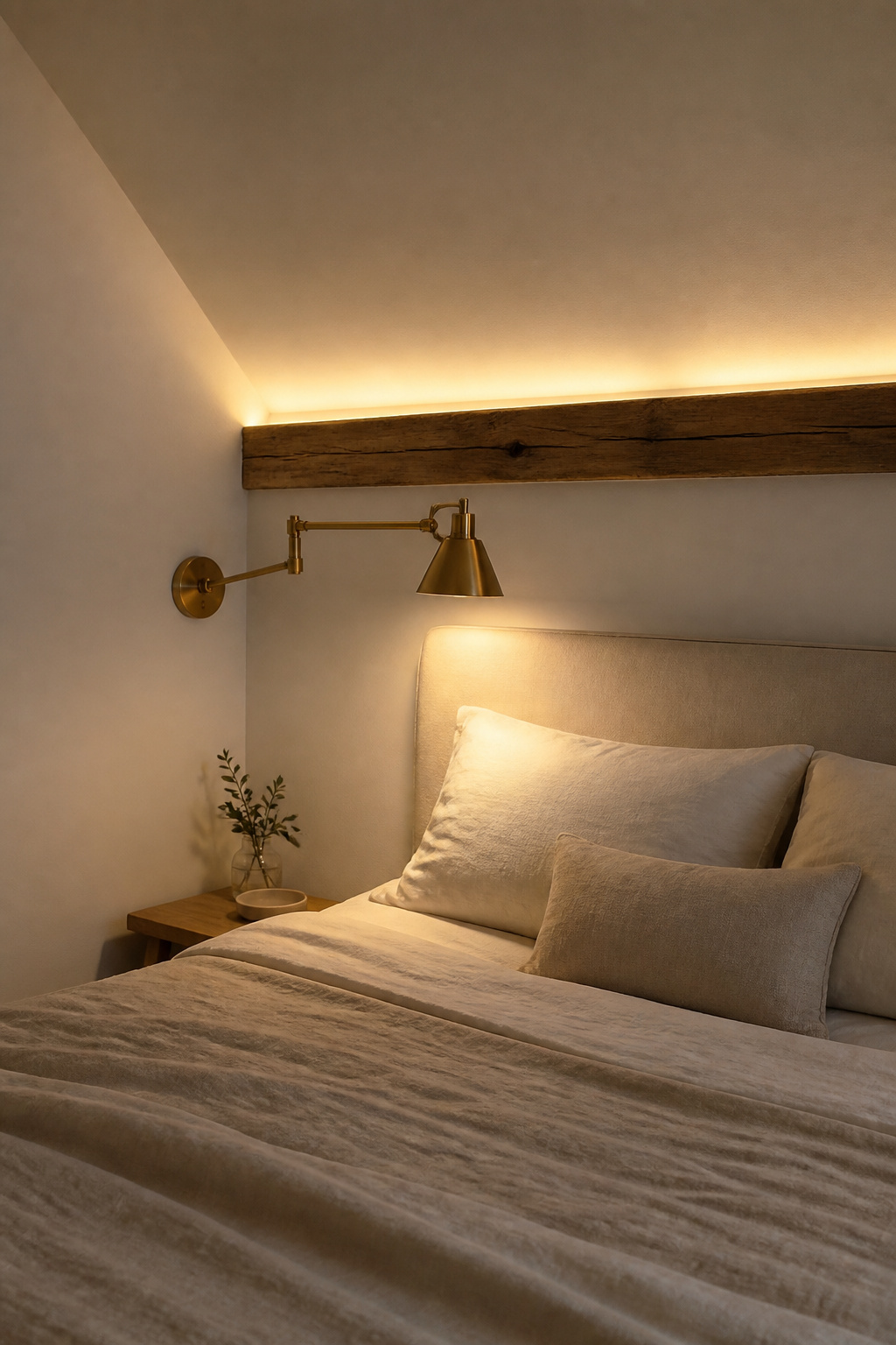 Brushed brass swing arm wall sconce mounted beside an attic bedroom headboard with a warm LED strip upwash on the exposed timber beam above, creating layered task and accent light