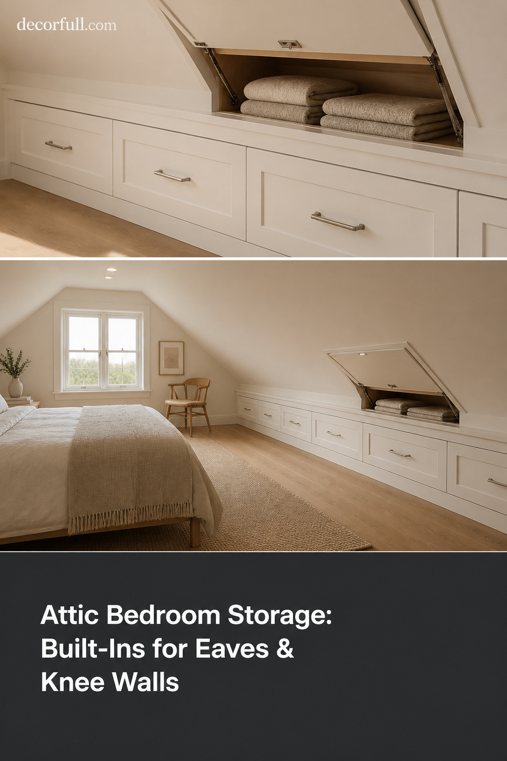 Pinterest collage showing attic bedroom knee-wall drawer built-ins and eaves access door storage ideas