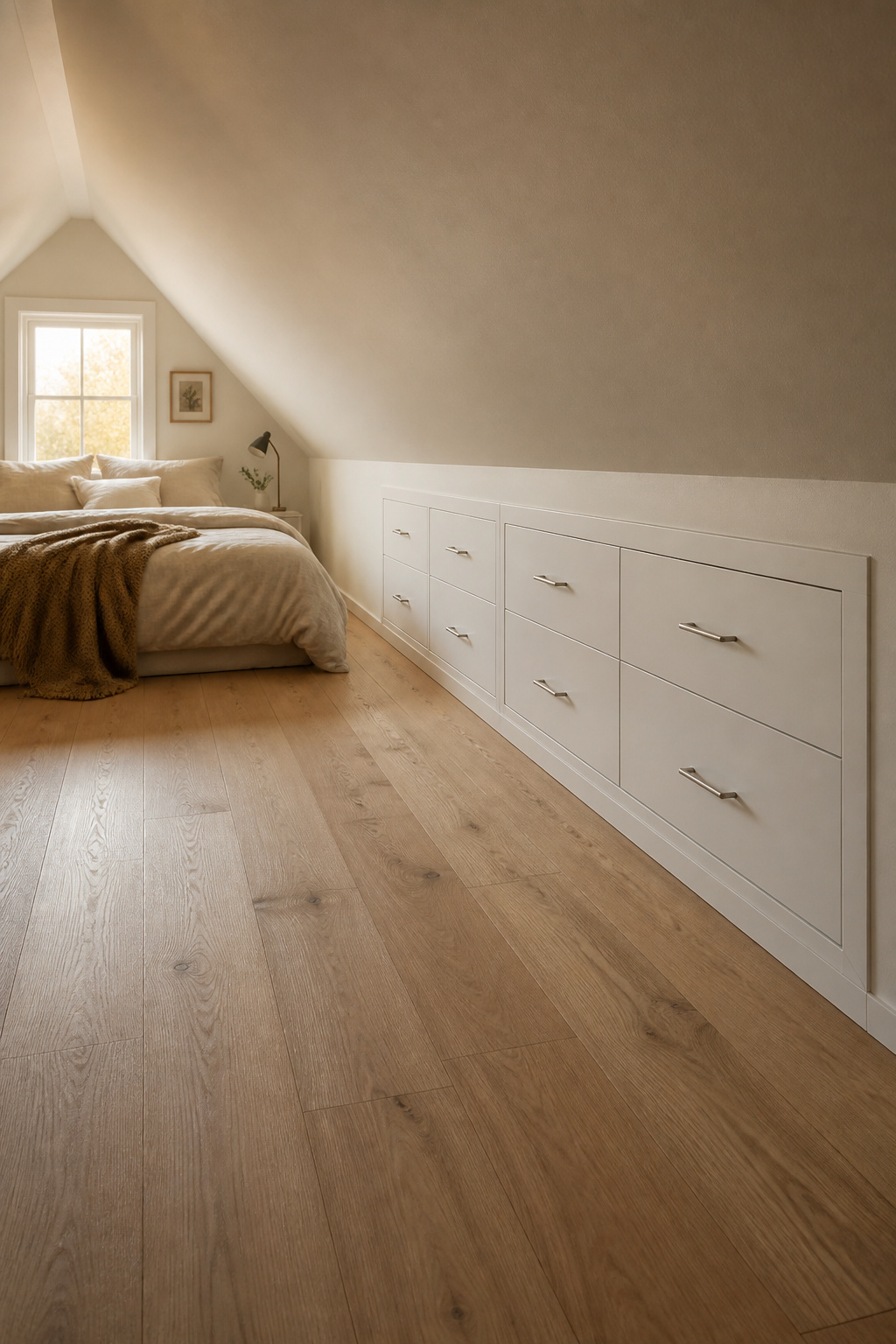 Attic bedroom with flush built-in knee-wall drawer run in painted white, lit by dormer window light, with pale oak floors and linen bed under the slope