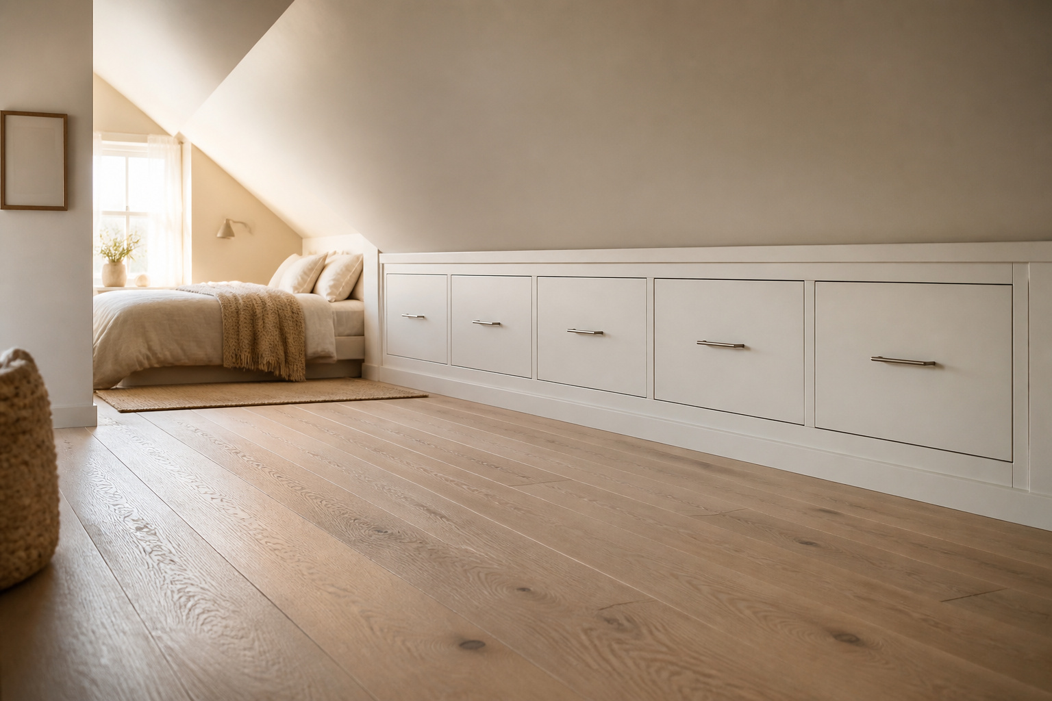 Attic bedroom with flush built-in knee-wall drawer run in painted white, lit by dormer window light, with pale oak floors and linen bed under the slope
