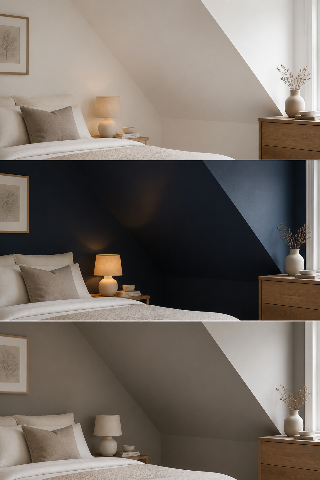 Three stacked views of the same attic bedroom slope painted in three different strategies: pale warm white, deep navy, and warm greige neutral