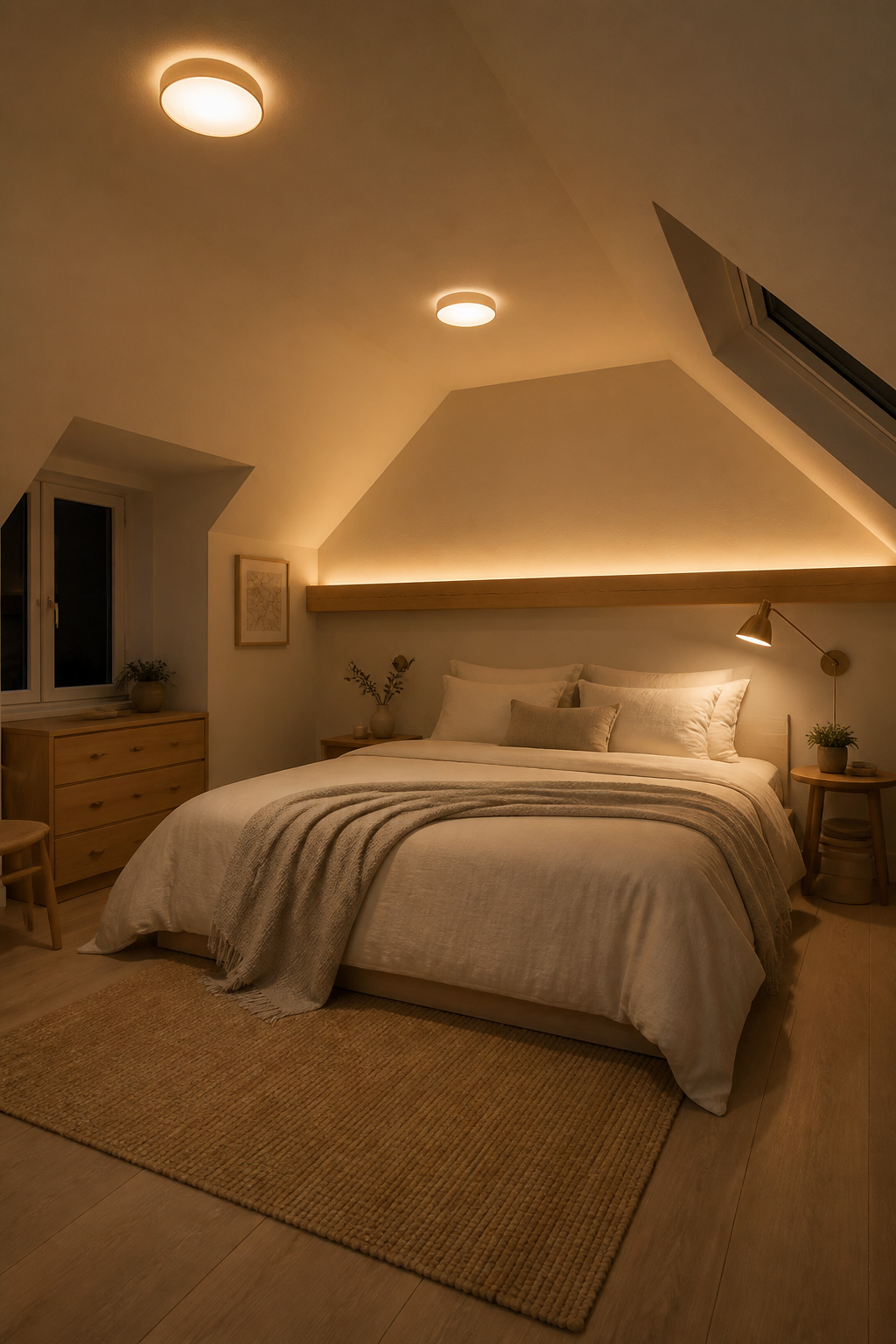 Attic bedroom at dusk with all three lighting layers active — flush LED ambient fixtures on sloped ceiling, brass swing-arm sconce for task light, and LED beam upwash for accent, all in warm 2700K