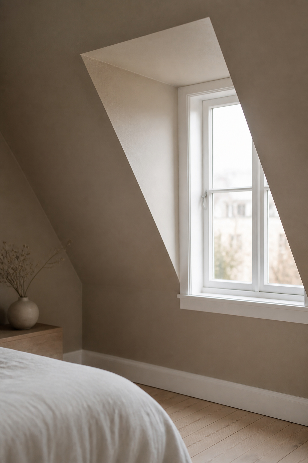 Attic bedroom with walls and sloped ceiling wrapped in the same warm greige, with white window trim and baseboard as the only colour contrast