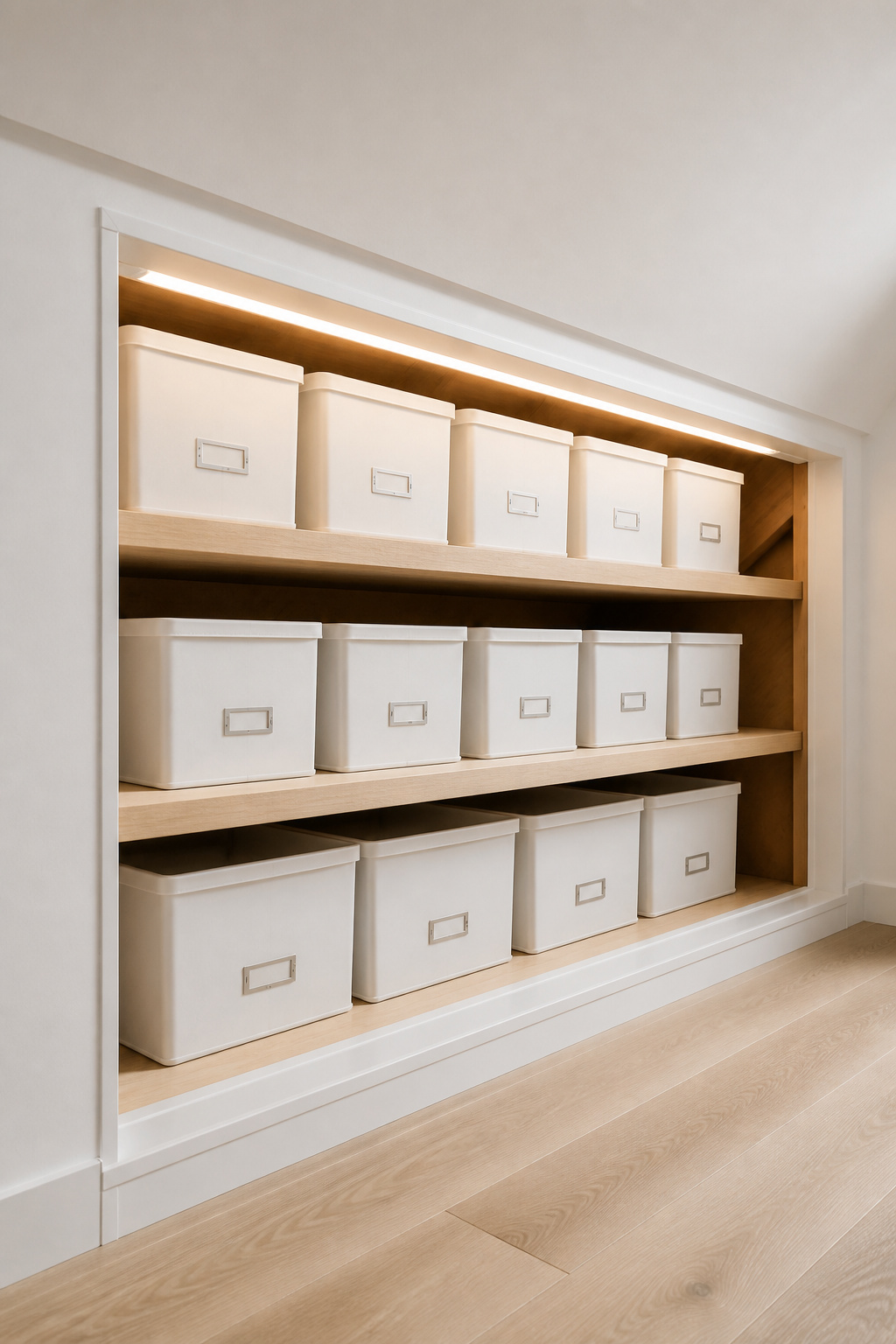 Attic eave cavity with between-truss plywood shelves, matching white tote boxes, and LED strip lighting mounted at the cavity entrance