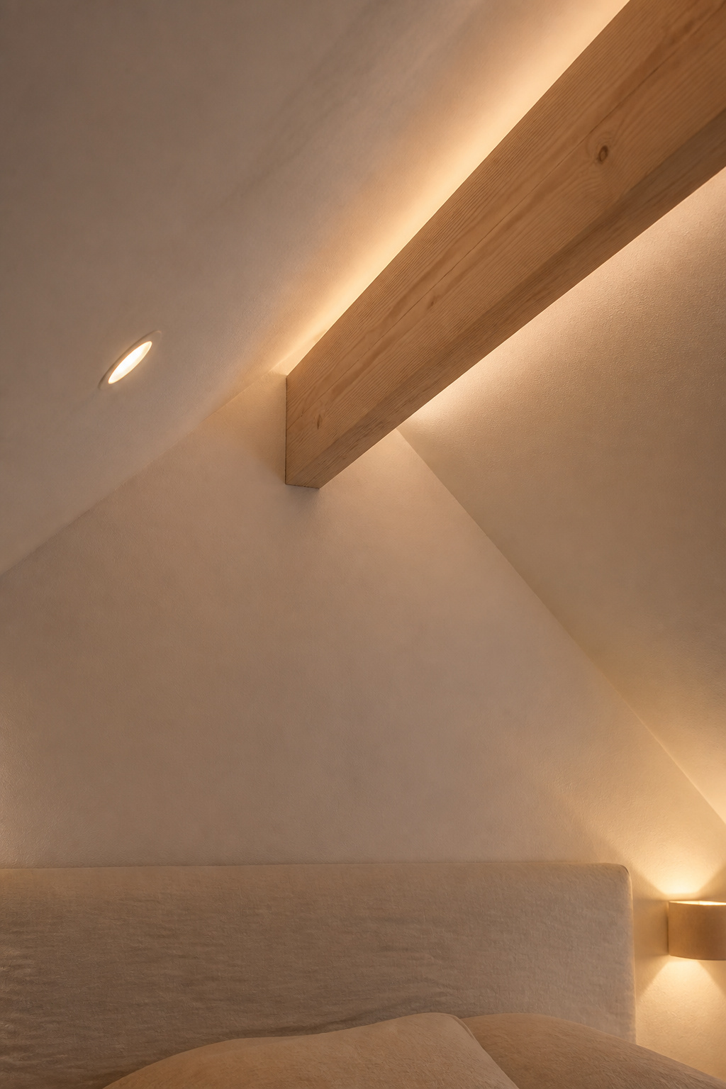 White plaster attic sloped ceiling lit by three layered warm sources — flush LED, LED strip beam uplight, and wall sconce — demonstrating the layered lighting principle