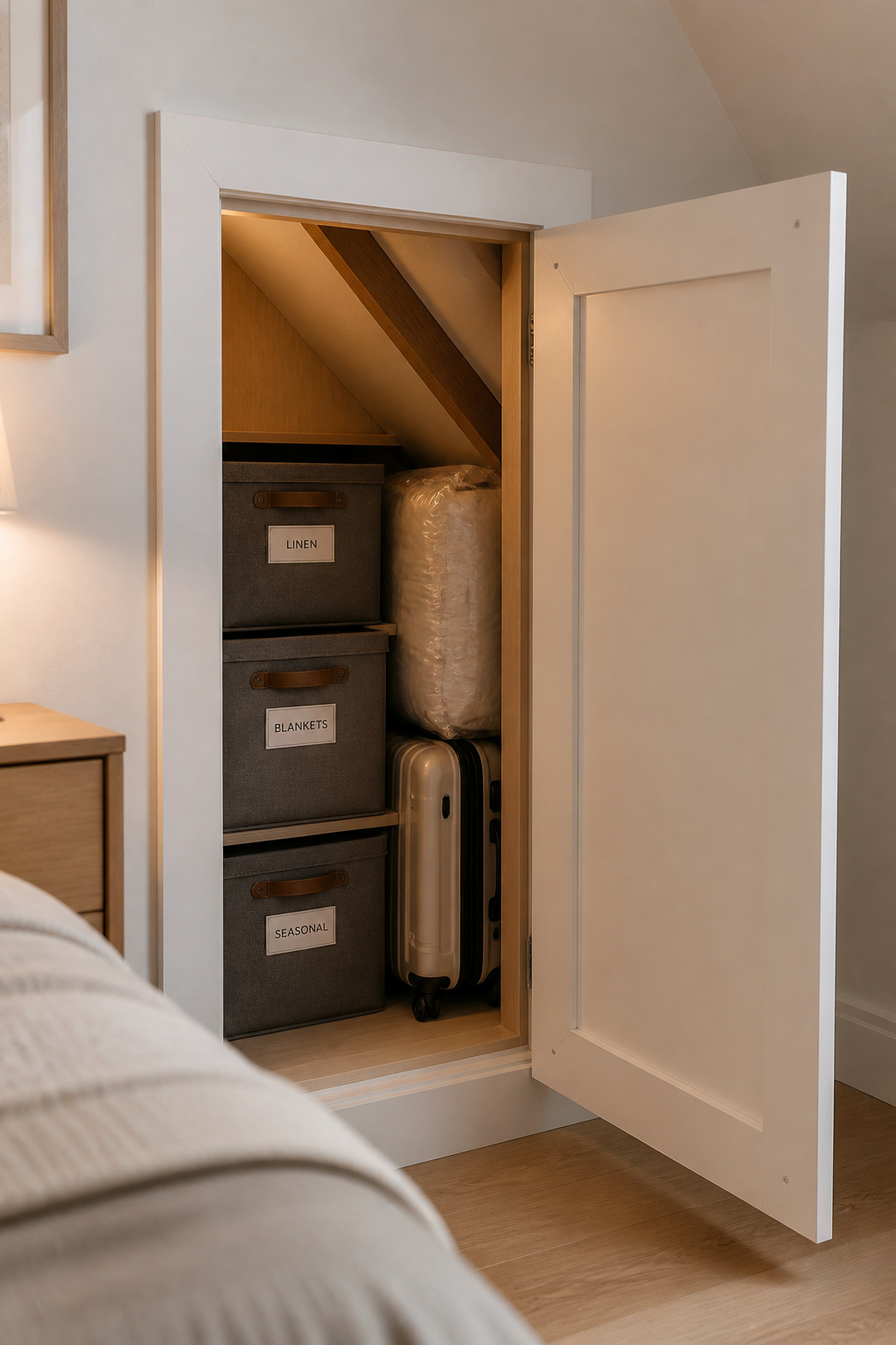 Knee-wall access door open to reveal organised attic eave storage — labelled bins, vacuum-seal bedding bag, and small suitcase inside the triangular cavity